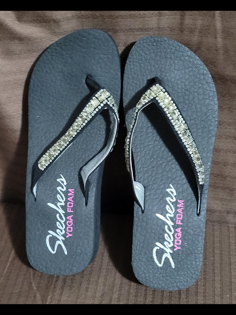 Skechers Yoga Foam Black Flip Flops with Rhinestone Straps